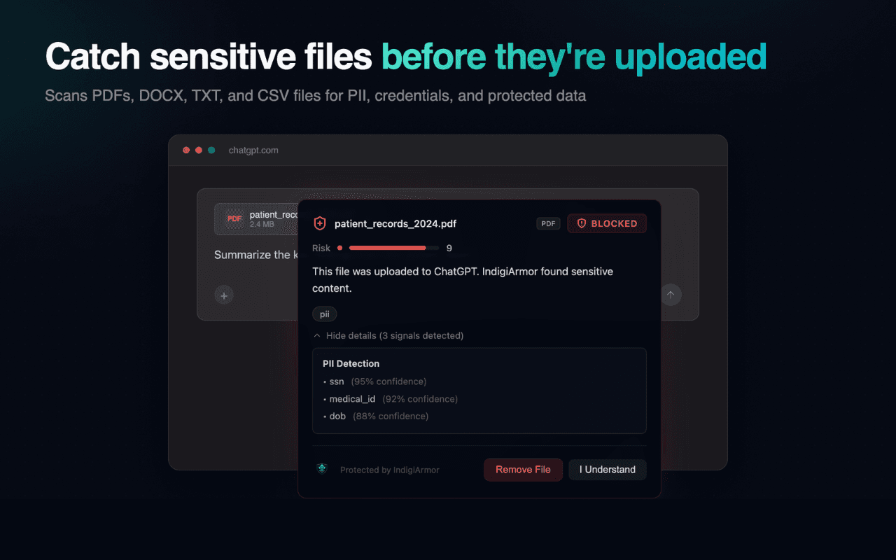 Extension catching sensitive data in an uploaded PDF before it reaches ChatGPT