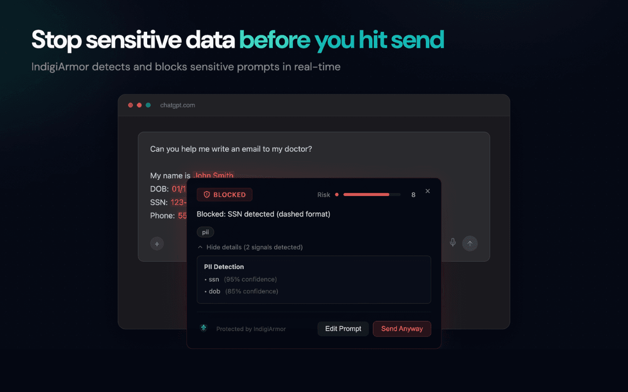 IndigiArmor extension catching an SSN in a ChatGPT prompt before it's sent